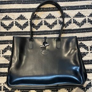 Black Leather Longchamp Roseau Tote